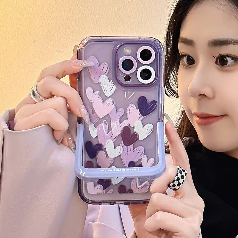 Cute Purple Heart Phone Cases with Invisible Holder for iPhone 13, 11, 12, 14 Pro Max, 14 Plus - Touchy Style