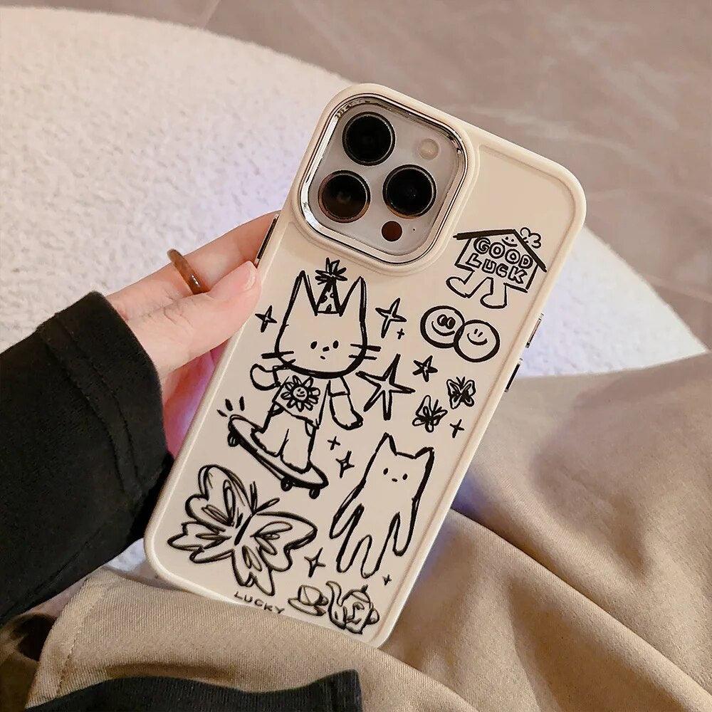 Cute Skateboard Rabbit Graffiti Plating Phone Case for iPhone 15, 14, 13, 12, 11 Pro Max, XR, X, 7, 8, 14 Plus - Touchy Style