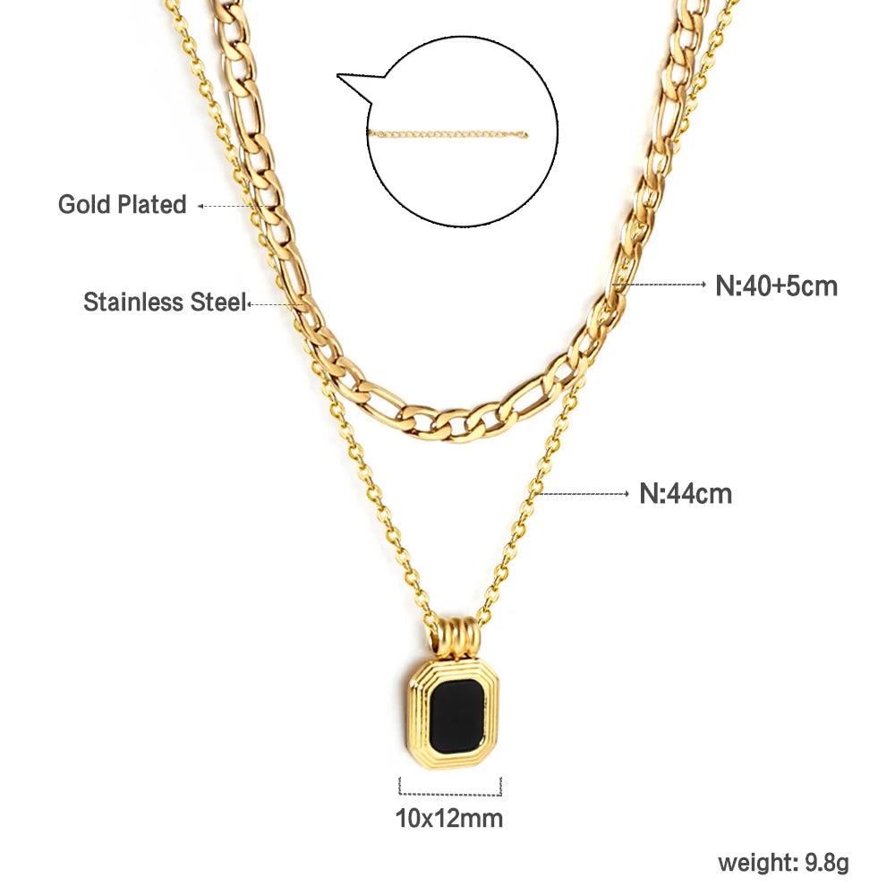 Double Layer Necklaces Charm Jewelry XYS0926 Stainless Steel Black Square - Touchy Style