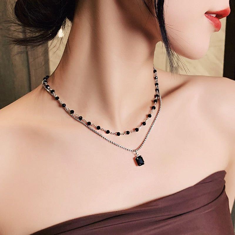 Double Layered Black Stone Square Pendant Necklace Charm Jewelry WB129 - Touchy Style