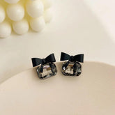 Drop Earrings Charm Jewelry ECJTX13 Black Bow Geometric Square Grey Crystal Gem - Touchy Style .