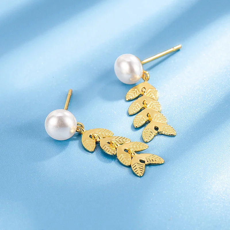 Drop Earrings Charm Jewelry - Golden Leafs with Pearl - TSJ139 - Touchy Style