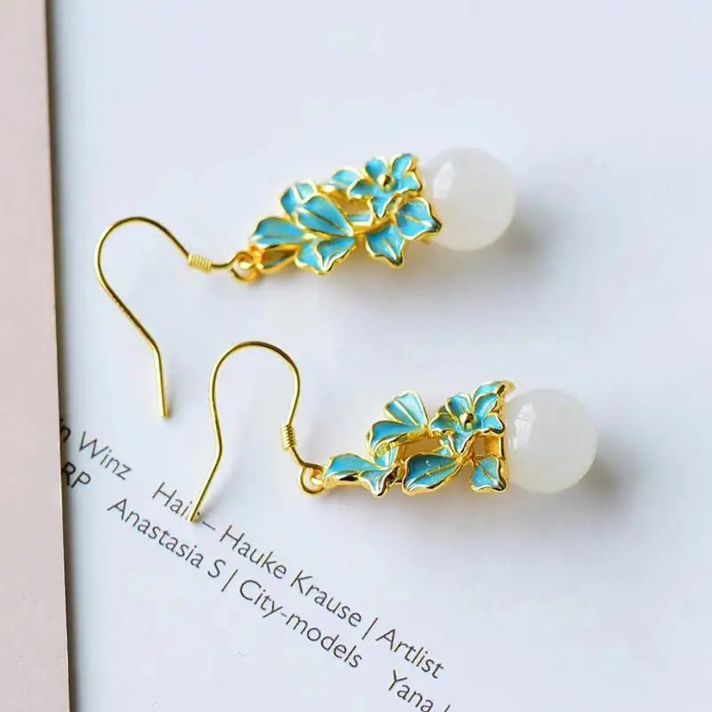 Drop Earrings Charm Jewelry - Hetian White Jade Flower - C110 - Touchy Style