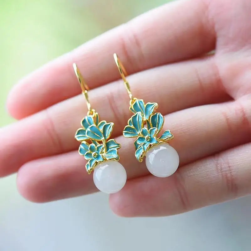 Drop Earrings Charm Jewelry - Hetian White Jade Flower - C110 - Touchy Style