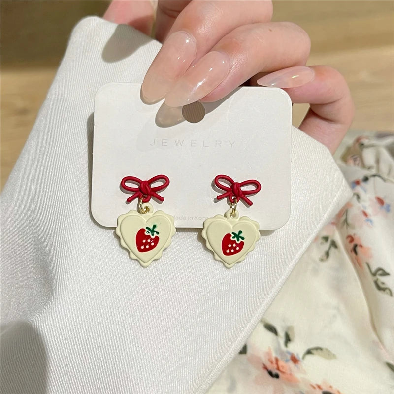 Earrings Charm Jewelry Red Bow Cherry Heart MS0117 - Touchy Style