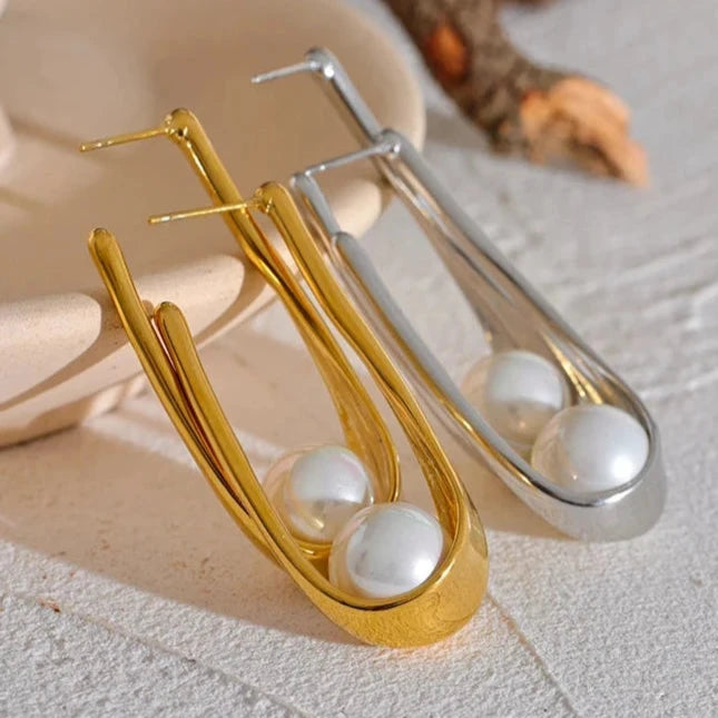 Earrings Charm Jewelry - Stainless Steel - Round Imitation Pearls - YH2574A - Touchy Style