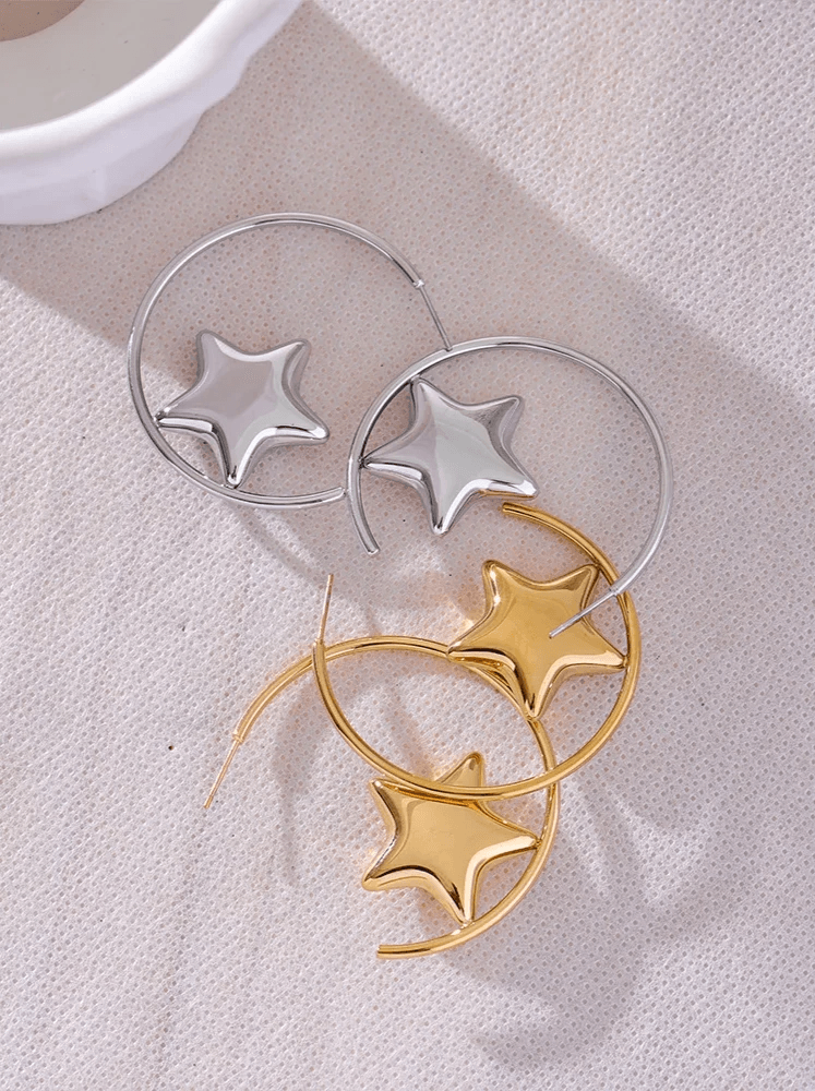 Earrings Charm Jewelry - Stainless Steel - Round Sleek Star - TSJ54 - Touchy Style