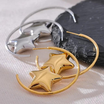 Earrings Charm Jewelry - Stainless Steel - Round Sleek Star - TSJ54 - Touchy Style