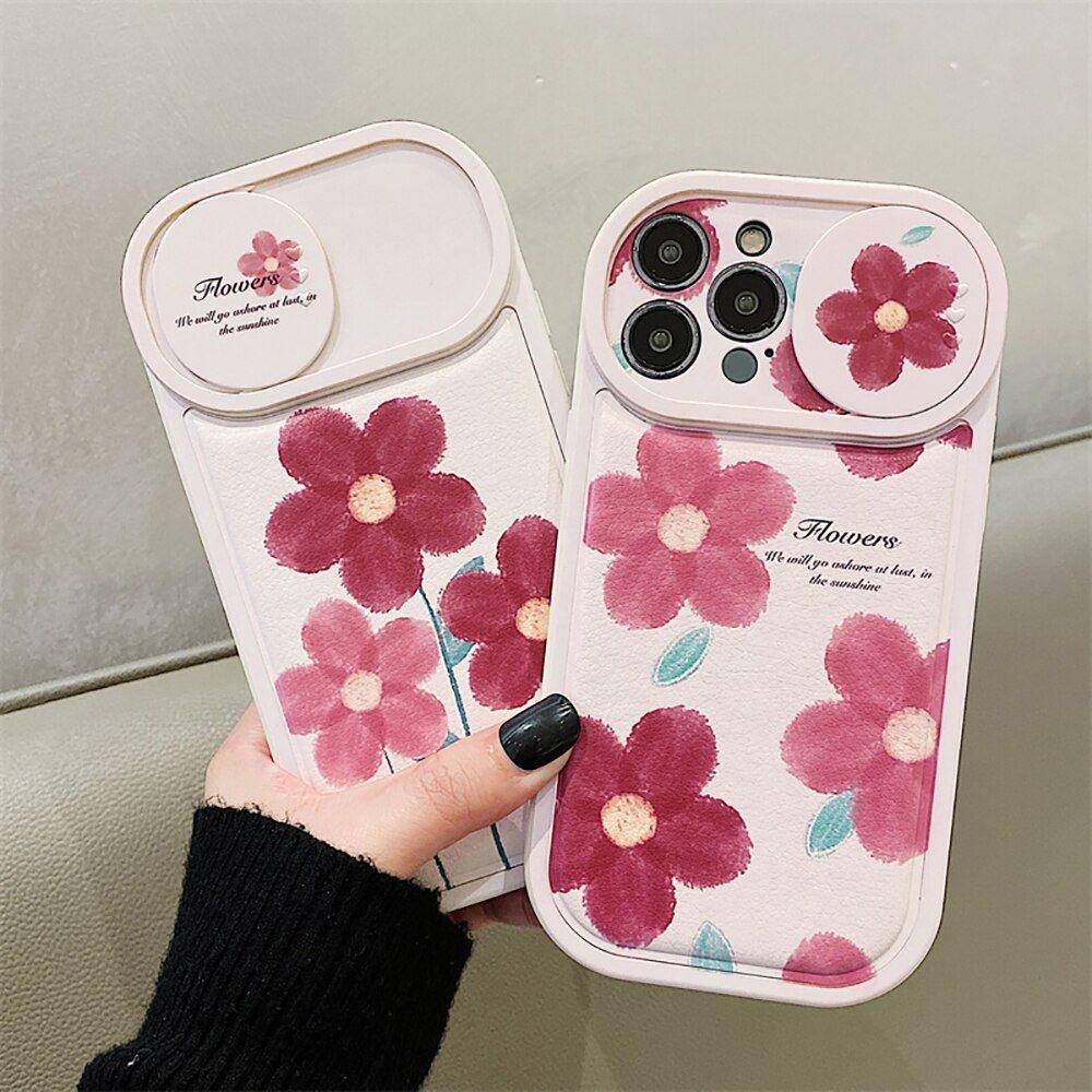 Flower Push Pull Camera Lens Protective Cute Phone Cases For iPhone 14 Pro Max 13 12 11 Pro Max - Touchy Style