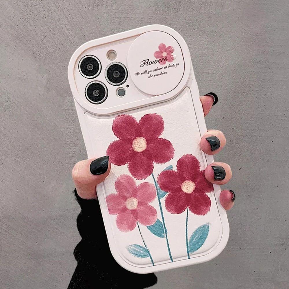 Flower Push Pull Camera Lens Protective Cute Phone Cases For iPhone 14 Pro Max 13 12 11 Pro Max - Touchy Style