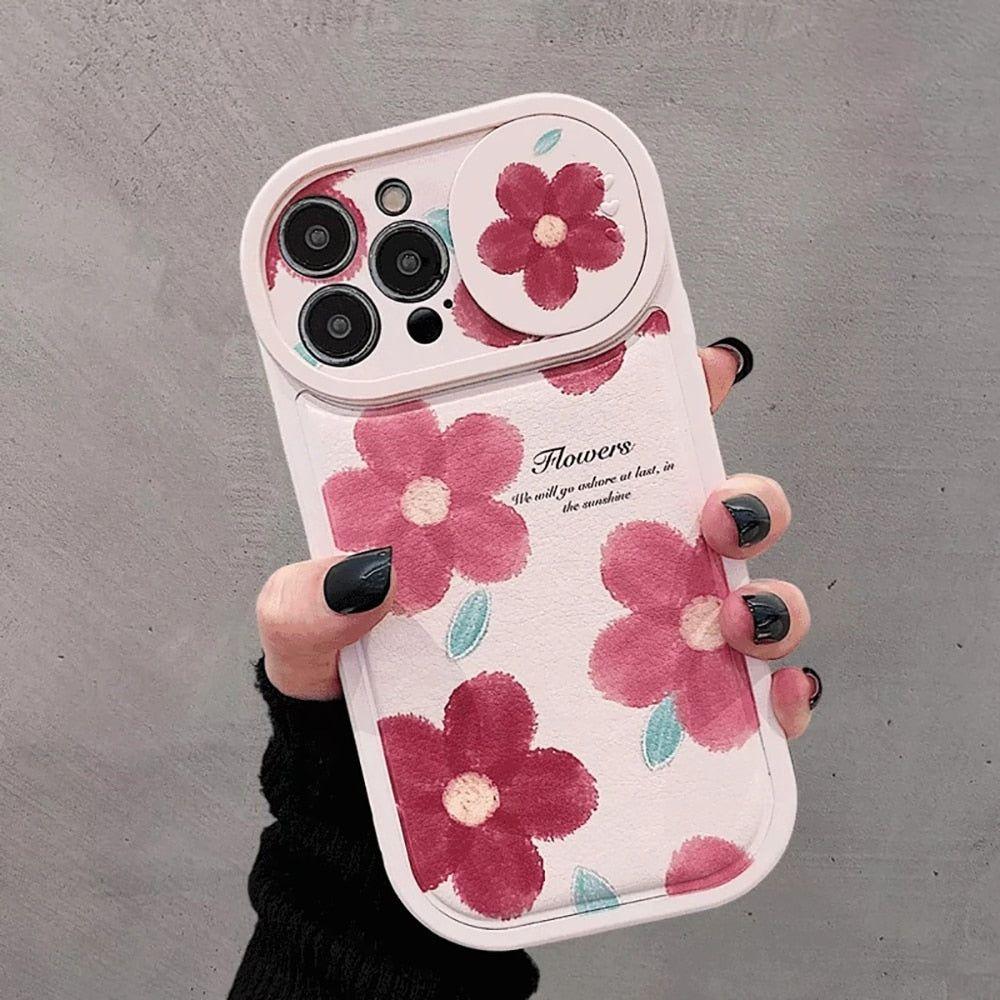 Flower Push Pull Camera Lens Protective Cute Phone Cases For iPhone 14 Pro Max 13 12 11 Pro Max - Touchy Style