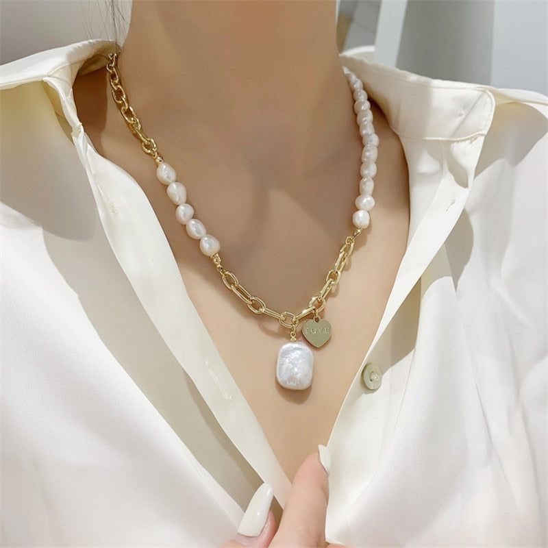 Geometric Natural Pearl Pendant Necklace Charm Jewelry RC407 - Touchy Style