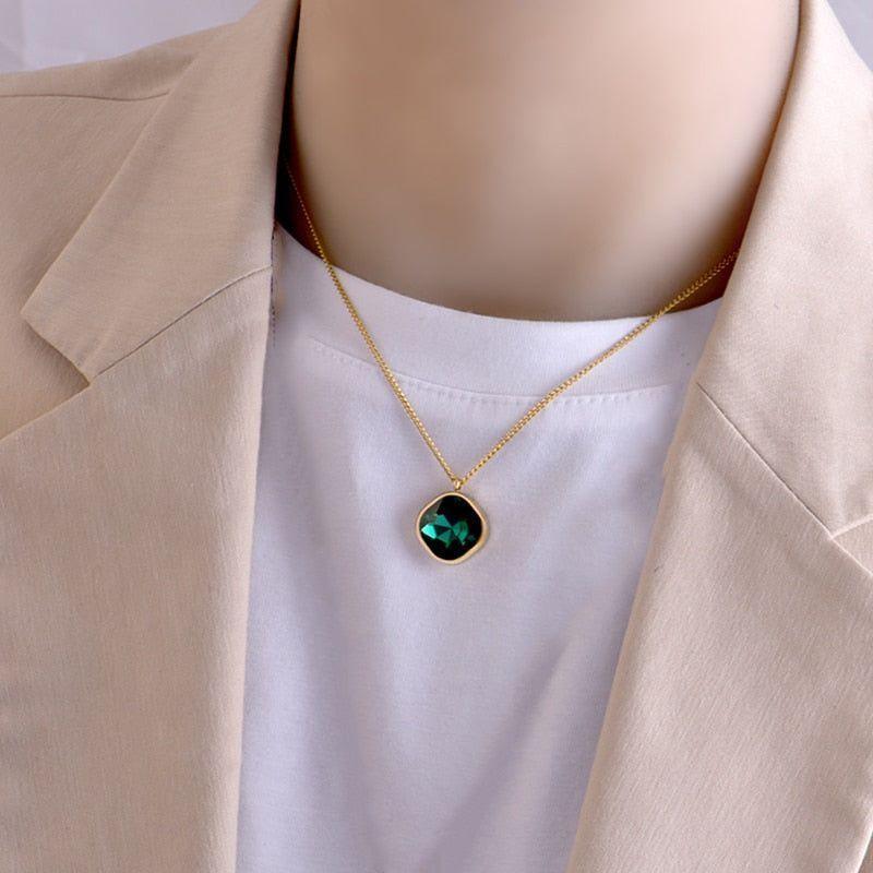 Geometric Rhombus Green Crystal Stainless Steel Necklace Charm Jewelry NCJT30 - Touchy Style