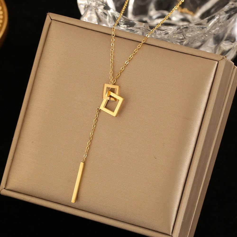 Geometric Square Buckle Stainless Steel Short Necklace Charm Jewelry NCJT43 - Touchy Style