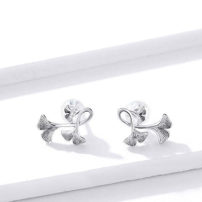 GZ239 - Ginkgo Leaf Stud Earrings - 925 Sterling Silver Charm Jewelry - Touchy Style .