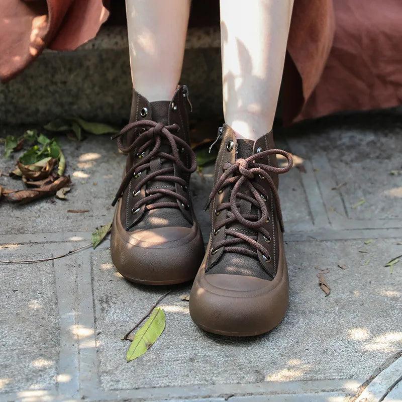 Handmade Brown Leather Flat Ankle Boots - TF143 Women&