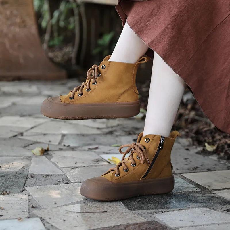 Handmade Brown Leather Flat Ankle Boots - TF143 Women&