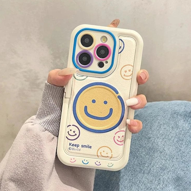 Invisible Bracket Cartoon Smile Leather Cute Phone Case for iPhone 11-15 Pro Max Plus - Touchy Style