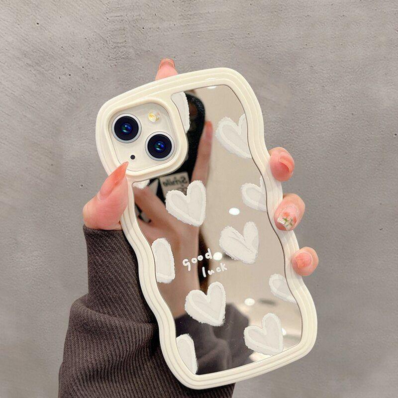 Korean White Heart Makeup Mirror Cute Phone Cases For iPhone 14 Pro Max 13 11 12 14 Plus XS X XR - Touchy Style