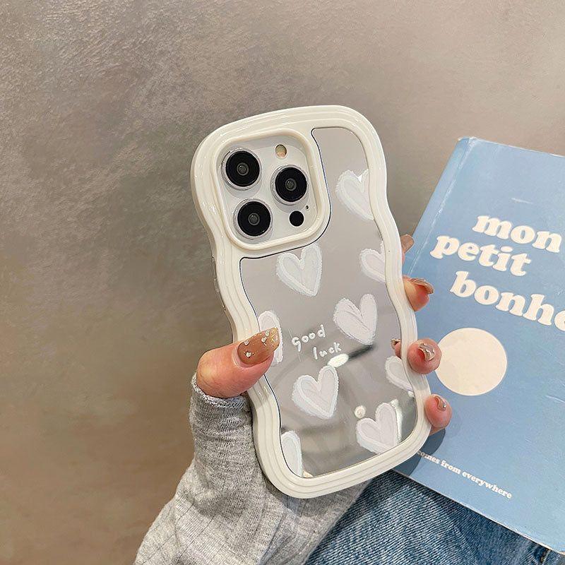 Korean White Heart Makeup Mirror Cute Phone Cases For iPhone 14 Pro Max 13 11 12 14 Plus XS X XR - Touchy Style