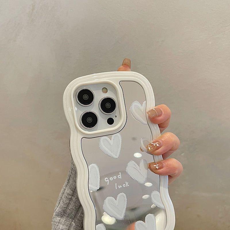 Korean White Heart Makeup Mirror Cute Phone Cases For iPhone 14 Pro Max 13 11 12 14 Plus XS X XR - Touchy Style