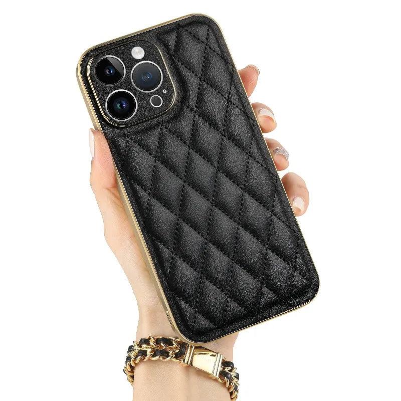 Leather Cute Phone Case for iPhone 14 Plus, 13 Pro Max, and 12 Pro - Gold Plating - Touchy Style .