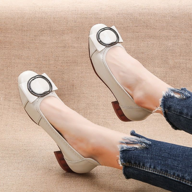Leather Square Toe Pumps - Women's Casual Shoes EK147 | Touchy Style