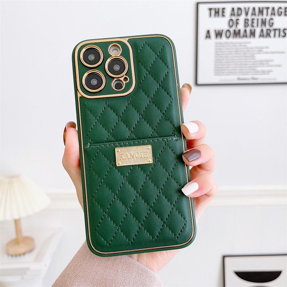 For iPhone 15 Pro 14 13 12 11 XS XR 6 7 8 Luxury Leather Ring Holder Square  Case