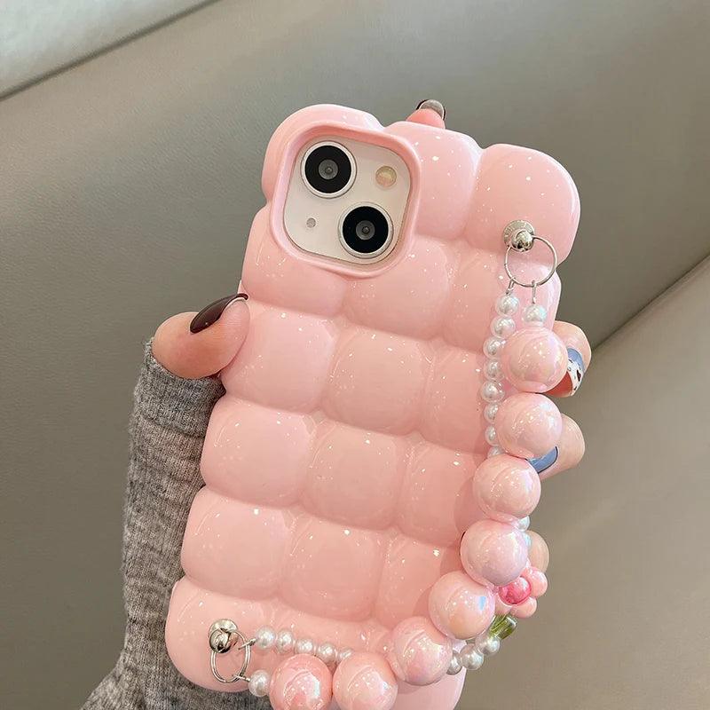 Luxury Pearl Lanyard Chain 3D Ice Lattice Cute Phone Case for iPhone 13 Pro Max, 15, 14, 11, and 12 - Touchy Style