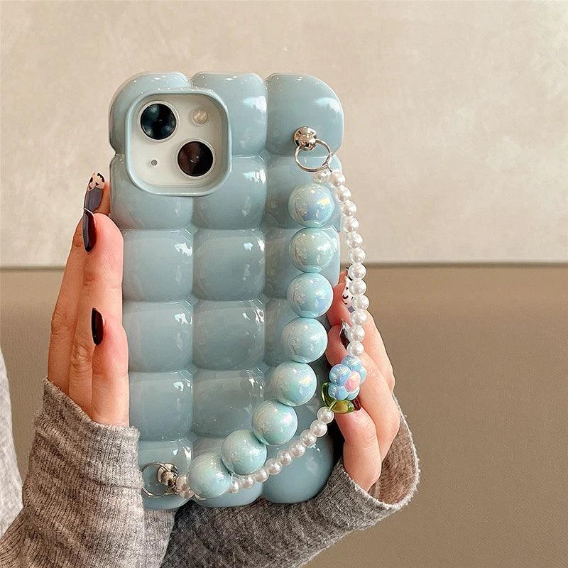 Luxury Pearl Lanyard Chain 3D Ice Lattice Cute Phone Case for iPhone 13 Pro Max, 15, 14, 11, and 12 - Touchy Style