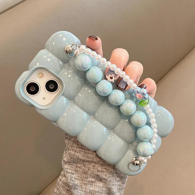 Luxury Pearl Lanyard Chain 3D Ice Lattice Cute Phone Case for iPhone 13 Pro Max, 15, 14, 11, and 12 - Touchy Style