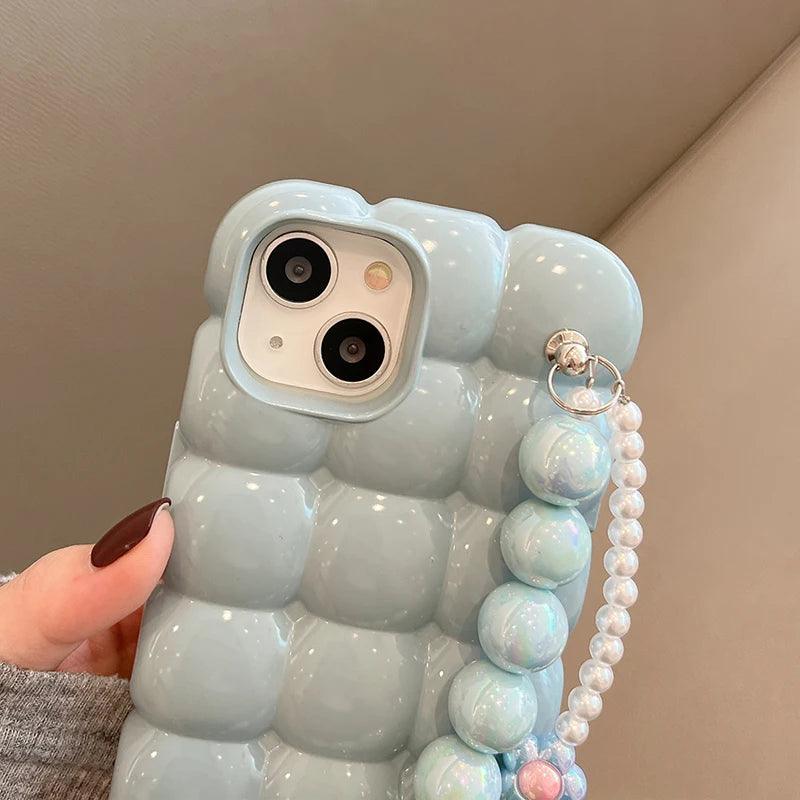 Luxury Pearl Lanyard Chain 3D Ice Lattice Cute Phone Case for iPhone 13 Pro Max, 15, 14, 11, and 12 - Touchy Style