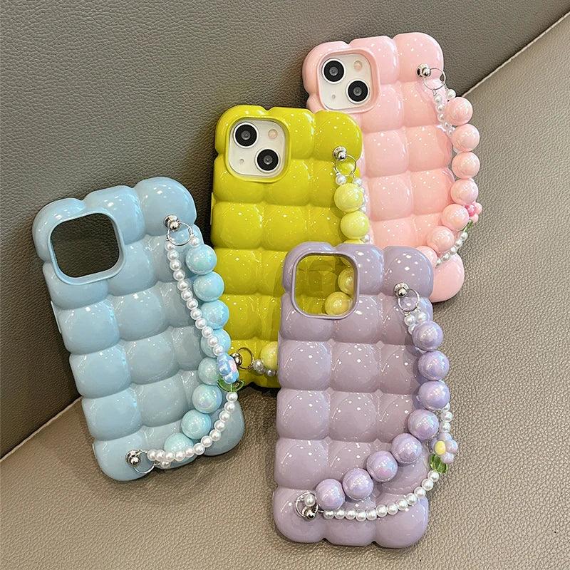 Luxury Pearl Lanyard Chain 3D Ice Lattice Cute Phone Case for iPhone 13 Pro Max, 15, 14, 11, and 12 - Touchy Style