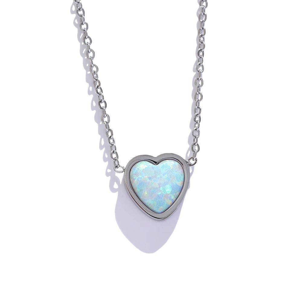 Necklace Charm Jewelry - Opal Stone - Small Chic Heart Pendant - TSJ36 - Touchy Style