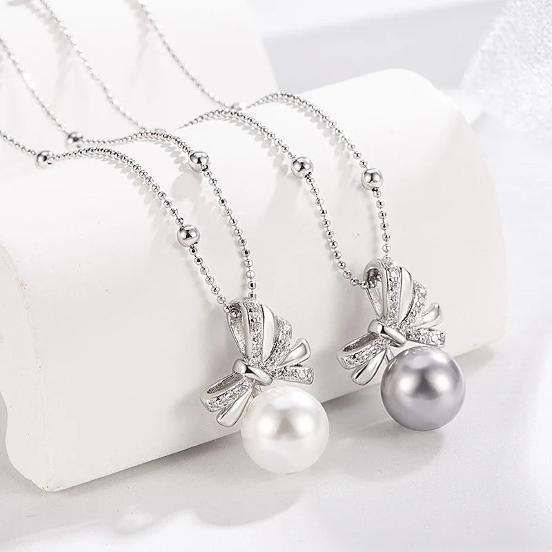 Necklace Charm Jewelry - Pearl Ribbon Bowtie - TSJ102 - Touchy Style