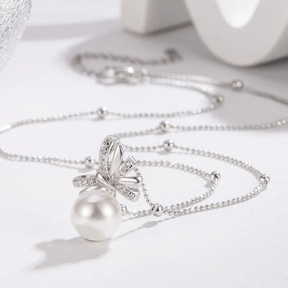 Necklace Charm Jewelry - Pearl Ribbon Bowtie - TSJ102 - Touchy Style