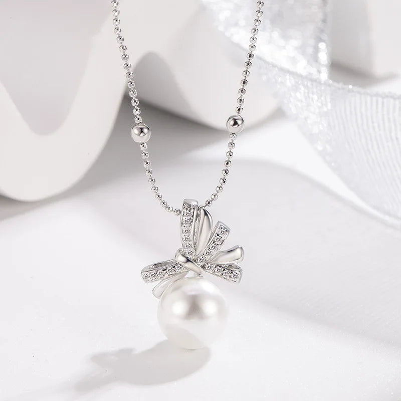 Necklace Charm Jewelry - Pearl Ribbon Bowtie - TSJ102 - Touchy Style