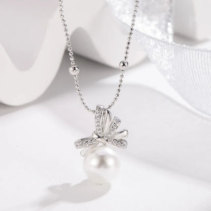 Necklace Charm Jewelry - Pearl Ribbon Bowtie - TSJ102 - Touchy Style