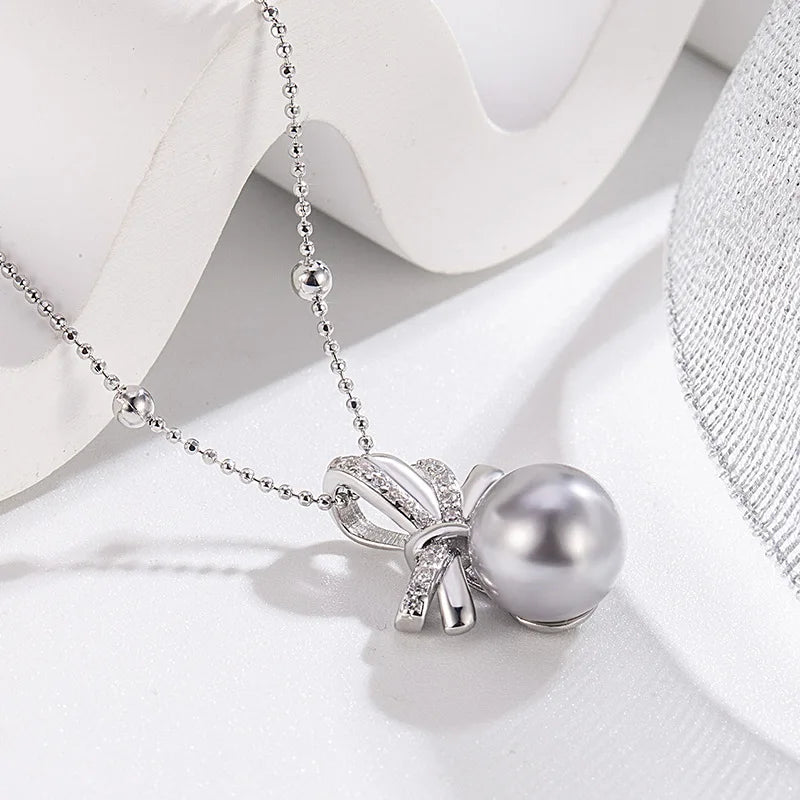 Necklace Charm Jewelry - Pearl Ribbon Bowtie - TSJ102 - Touchy Style