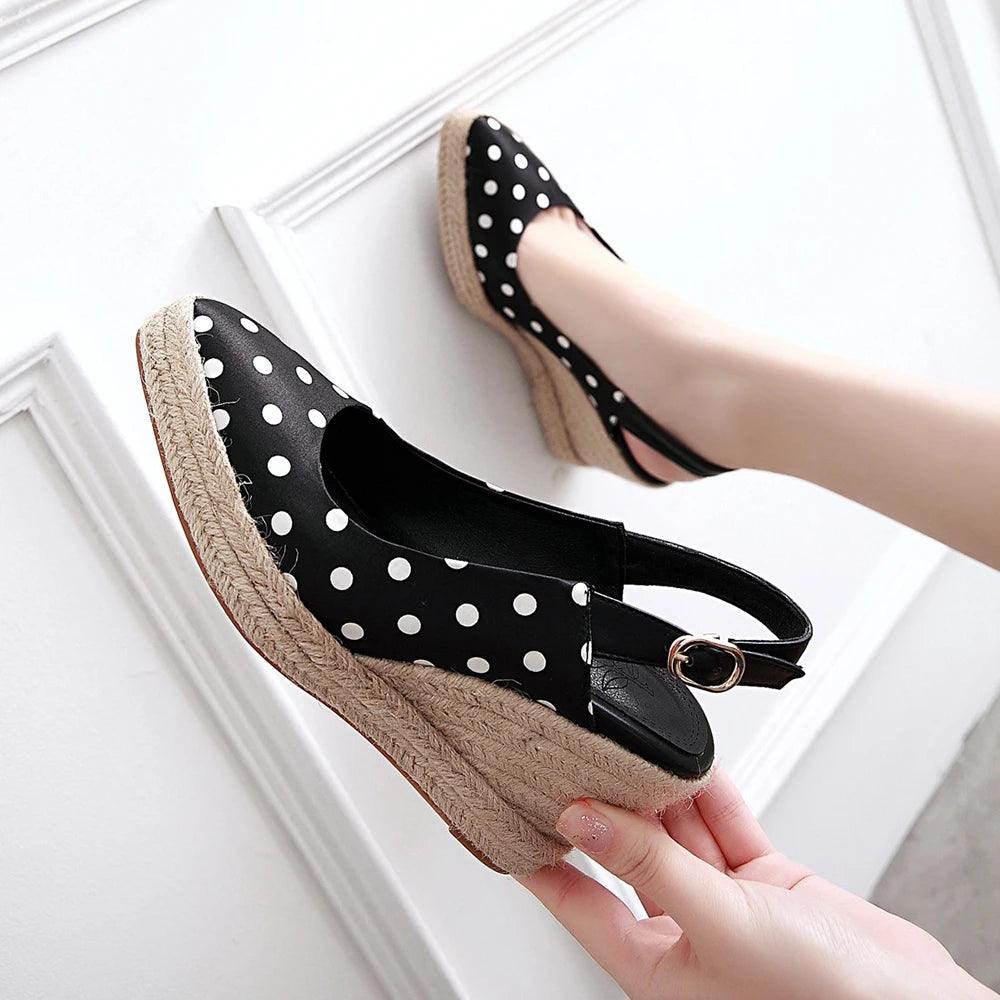 Polka Dot Silk Wedges Sandals Women&