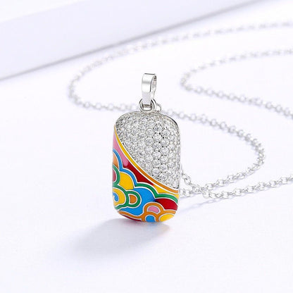 QS242 - 925 Sterling Silver Fashion Square Pendant Enamel Necklace Charm Jewelry - Touchy Style