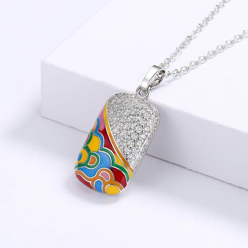 QS242 - 925 Sterling Silver Fashion Square Pendant Enamel Necklace Charm Jewelry - Touchy Style