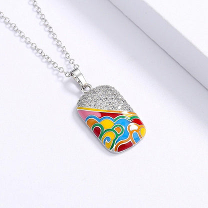 QS242 - 925 Sterling Silver Fashion Square Pendant Enamel Necklace Charm Jewelry - Touchy Style