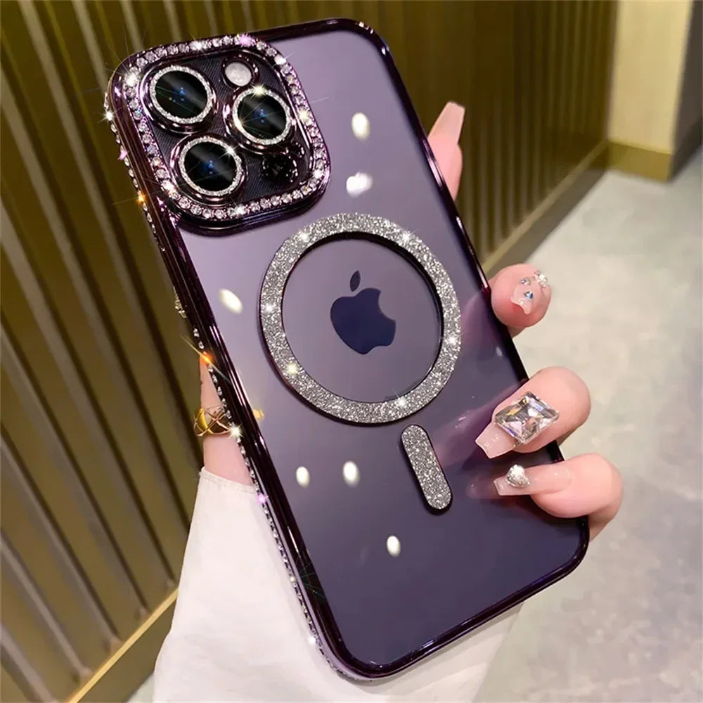 SCCPC1039 Cute Phone Case for iPhone 16, 15, 14, 13, 12, or 11 Pro Max Plus - Diamond Glitter Magnetic Charging Cover - Touchy Style