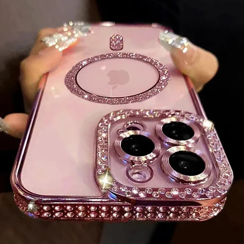 SCCPC1039 Cute Phone Case for iPhone 16, 15, 14, 13, 12, or 11 Pro Max Plus - Diamond Glitter Magnetic Charging Cover - Touchy Style