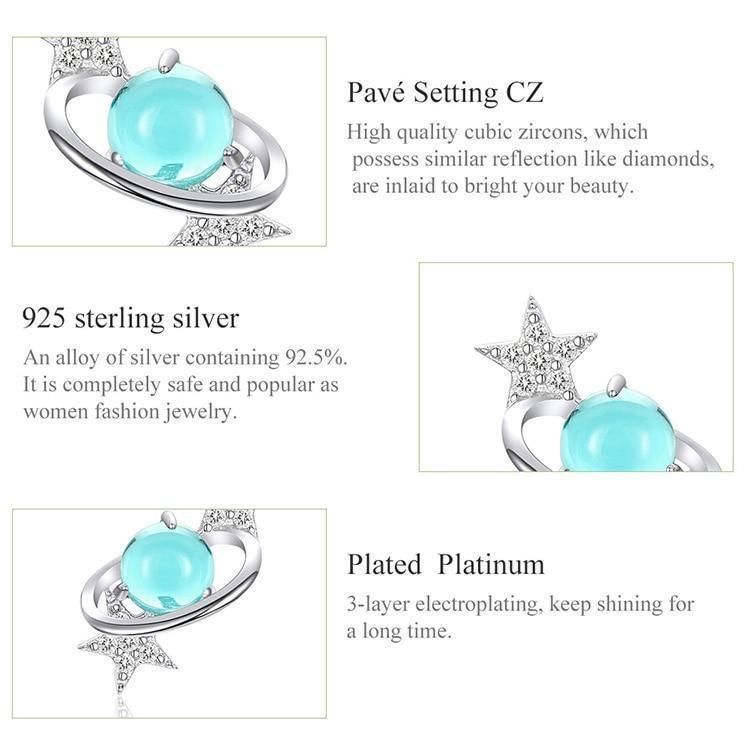 Silver Blue Planet with Star Stud Earring Charm Jewelry - Touchy Style .