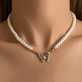 SP051 Pendant Necklace Charm Jewelry - Baroque Pearl Choker - Crystal Butterfly - Touchy Style