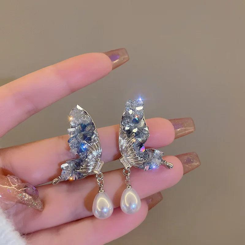 SP052 Drop Dangle Earrings Charm Jewelry - Rhinestone Butterfly Wing - Touchy Style