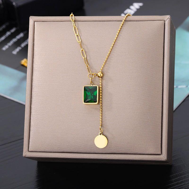 Stainless Steel Necklaces Charm Jewelry NCJSO3 Green Luxury Emerald - Touchy Style