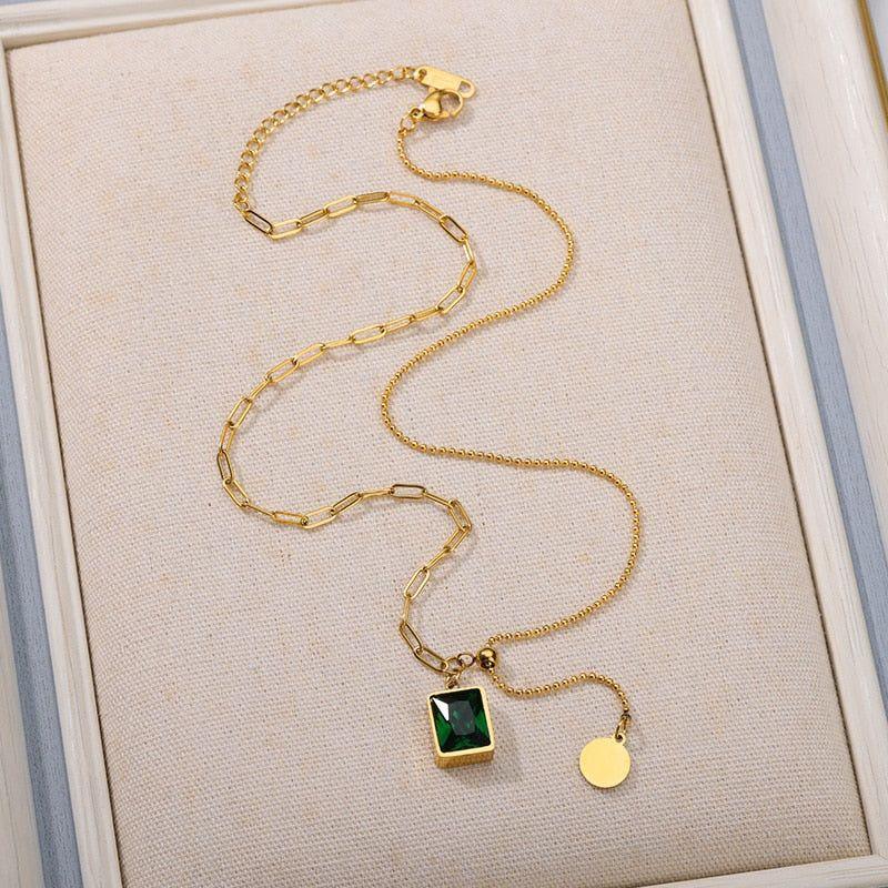 Stainless Steel Necklaces Charm Jewelry NCJSO3 Green Luxury Emerald - Touchy Style